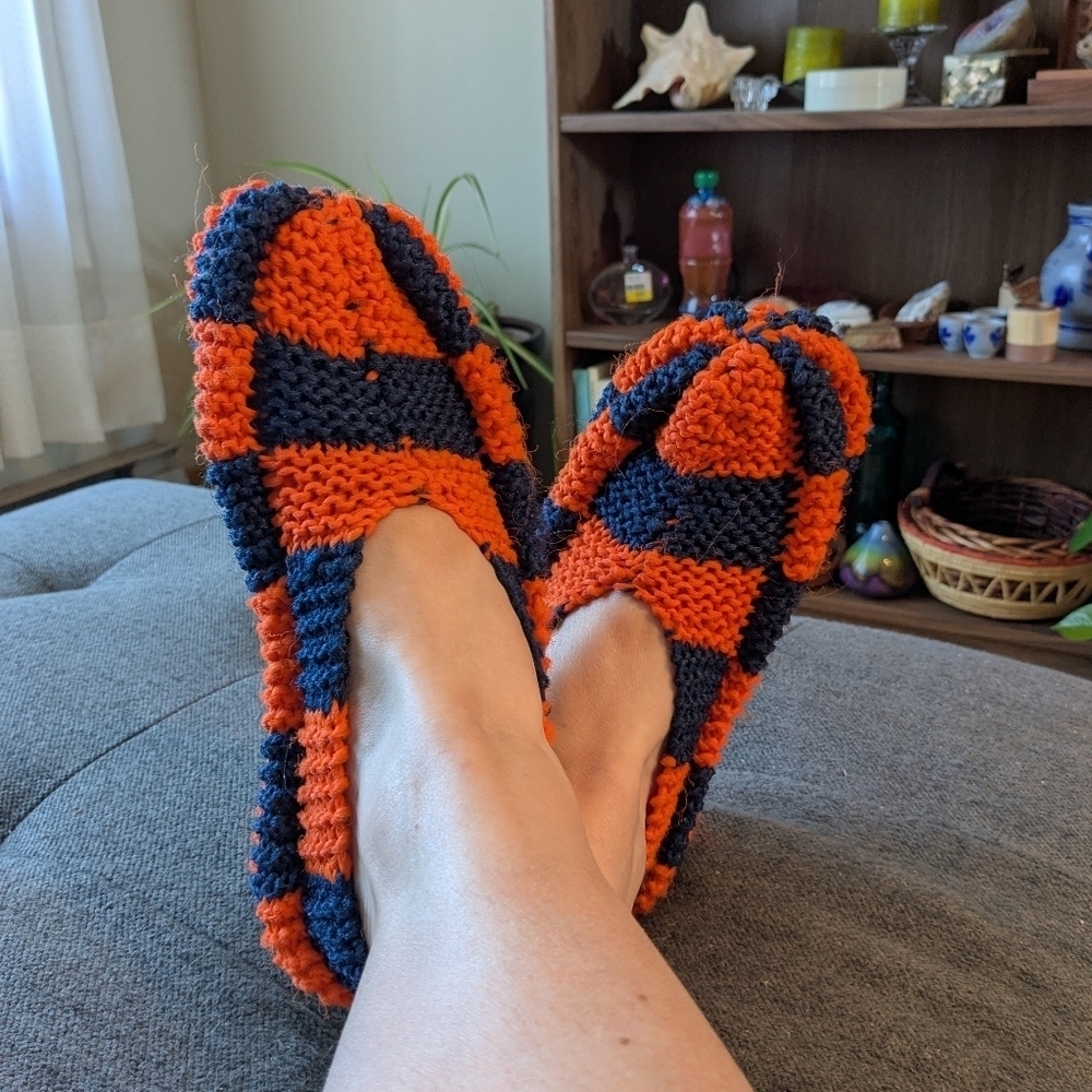 Handmade Knitted Acrylic Yarn Slippers Pantouffles Navy Blue Orange